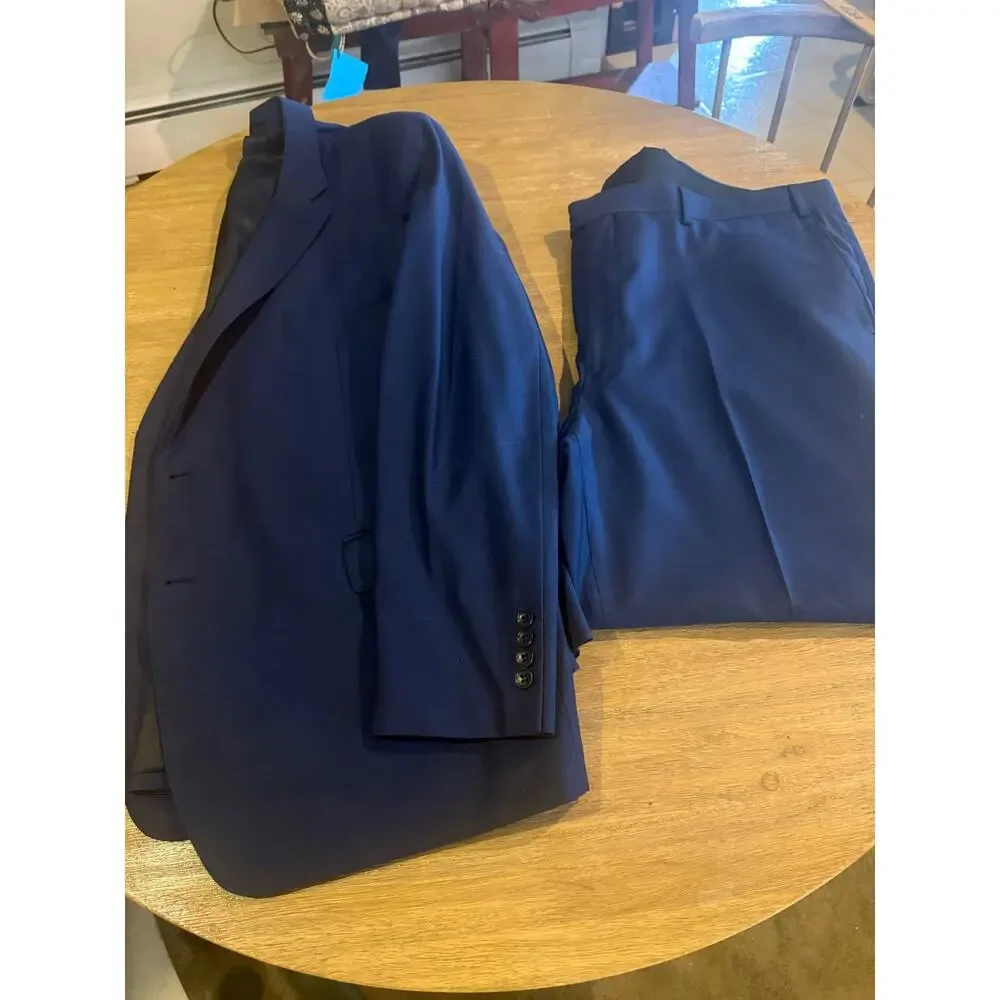 Richard Harris Mens 46R Navy 100% Wool Sport Coat Dress Pants Suit Set